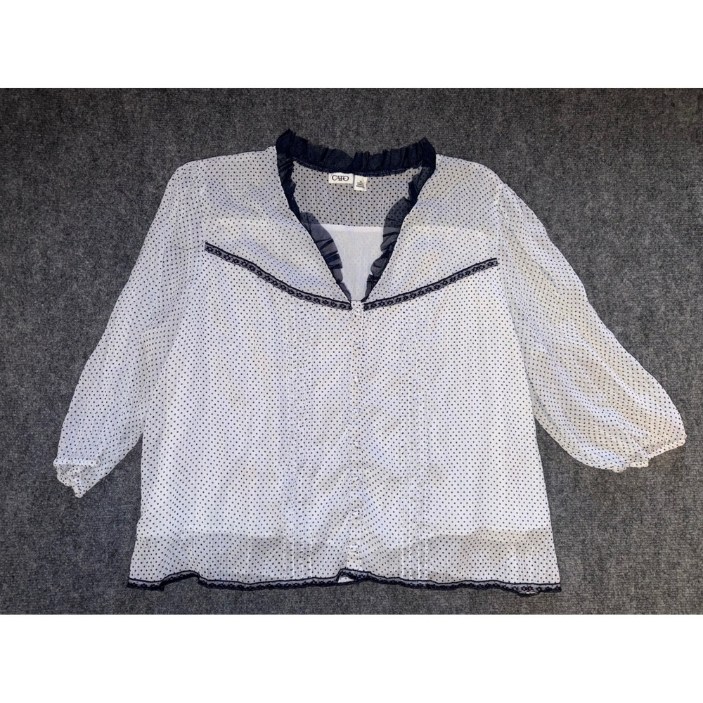 Cato XL White Navy polka Dot Sheer Blouse Lace Ruffle Romantic Coquette Top